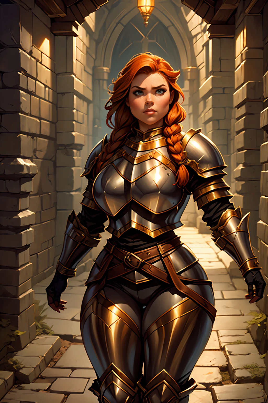 Stocky Ginger female dwarven adventurer, dramatic lighting, breastplate armor, long braided hair, fat, busty, standing in a dungeon, wide body, pear shaped, pudgy, full plate armor, covered legs leather pants