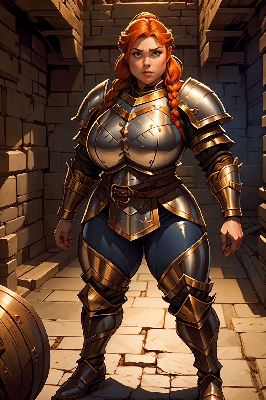 Stocky Ginger female dwarven adventurer, dramatic lighting, breastplate armor, long braided hair, fat, busty, standing in a dungeon, wide body, pear shaped, pudgy, full plate armor, covered legs leather pants