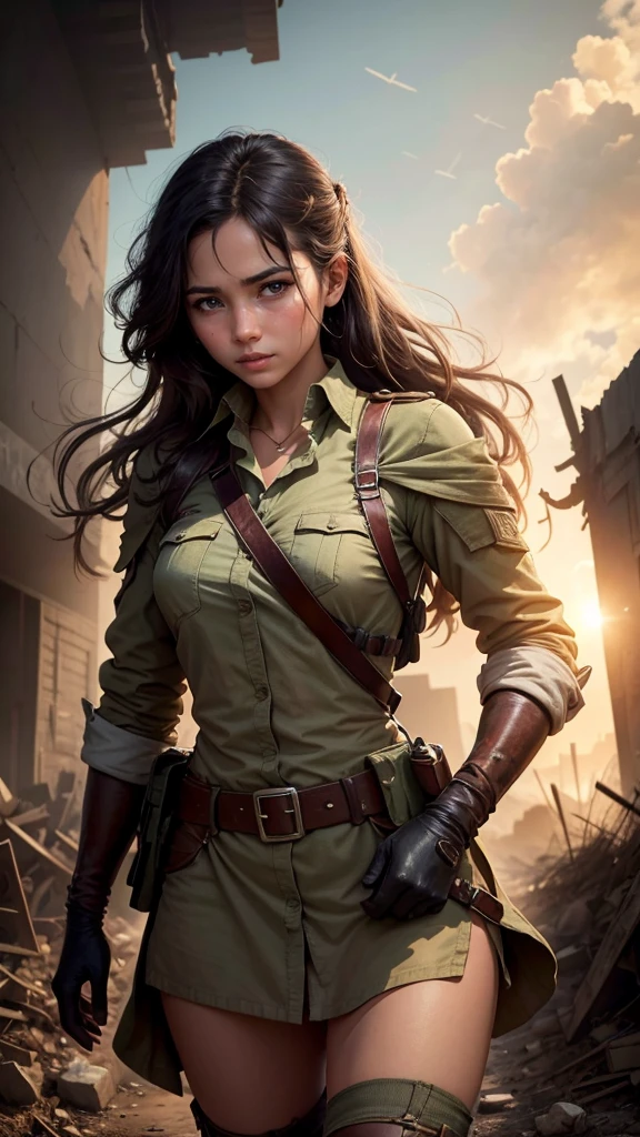 Movie poster commando Russian woman,Beutiful women,(cabellos largos dorados:1.3),(Lunette de soleil:1.3),With a large gun in his hand,Blackn clothes,rivet,blasts,The Car,Planes,just one body,No words