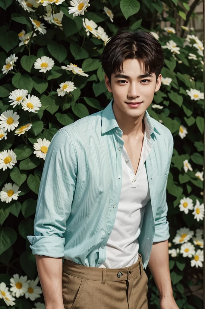 mix of cha eun woo and rowoon korean actor wavy short hair, standing, alone:1.2) , (he's wearing white shirt and green pants school uniform for high school:1.3), (he's seating on the bench inside the school:1.3), he has (brown eyes, dark brown short curly hair:1.2), (he's smiling too much, facing straight to the person walking towards him:1.2), anime style, 16k, best quality, high details, textured skin, UHD, masterpiece, anatomically correct