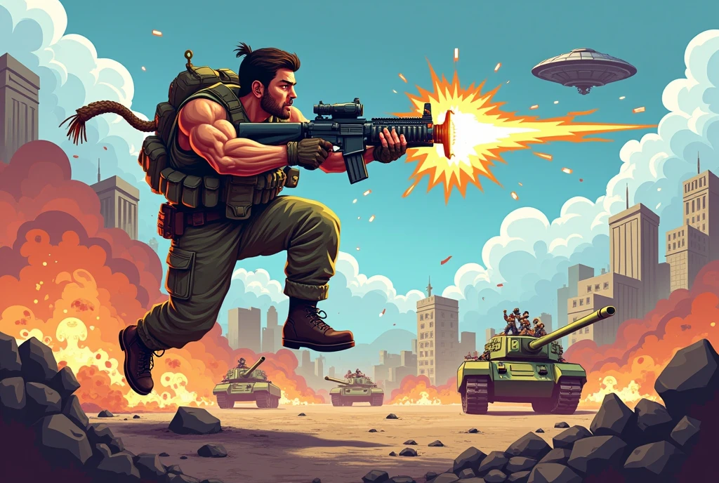 1 battle-hardened soldier, rugged determined expression, military vest cargo pants, holding oversized firearm, mid-jump firing, (((**vibrant 2D pixel art**)), iconic (Metal Slug style), war-torn battlefield, destructible buildings tanks enemy soldiers, vivid fast-paced animations, detailed cartoony character design, explosions bullet shells, chaotic explosive pixelated effects, UFO hovering alien invasion, bold colors intricate character sprites, **classic arcade-style energy**, more detail, enhaced_pixel-art.