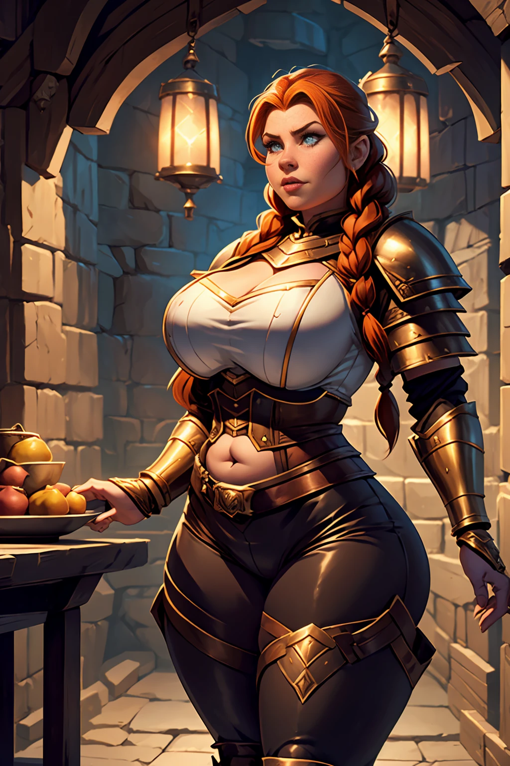 Stocky Ginger female dwarven adventurer, dramatic lighting, breastplate armor, long braided hair, fat, busty, standing in a dungeon, wide body, pear shaped, pudgy, full plate armor, covered legs leather pants