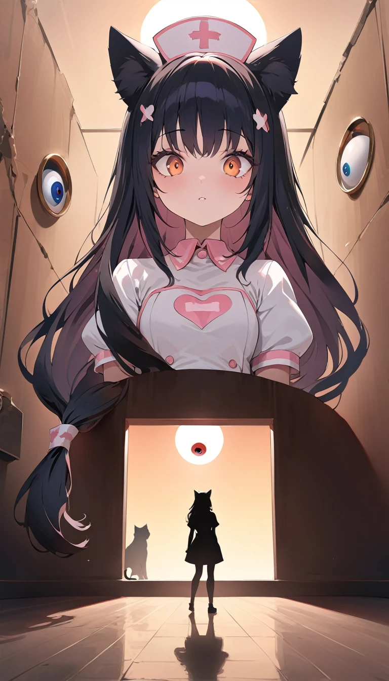 masterpiece, best quality, expressive eyes, perfect face, a toddler get transformed into a cuntboy, solo, surpriced expression, blushed, black hair, long hair, red baseball cap, brown eyes, full body, bare foot, naked, in a maze, pussy, glitter, magic circle in the floor, black cat ears, black cat tail, cat paws,