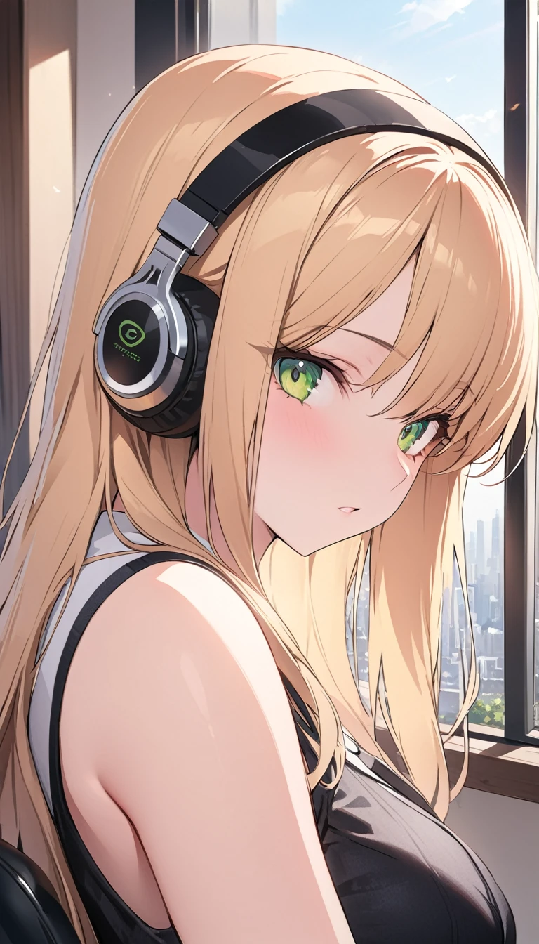 (8k, High resolution, Best Quality, Masterpiece:1.2), Lo-Fi, Relaxed girl listening to music with a headset 1, bicycle, smile, はにかんだsmile, In the city, neon