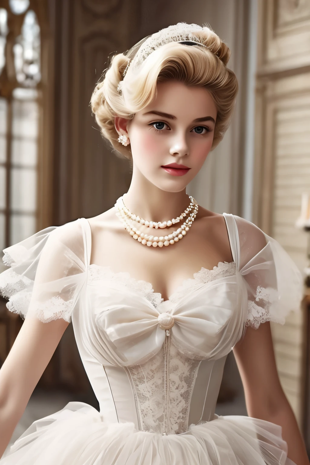 1girl, 1900 elegant french style, blonde, pearl necklace, lace and tulle