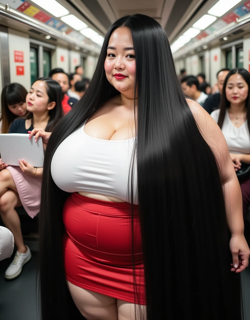 8k,Highest quality, masterpiece, Ultra-high resolution,(masterpiece:1.6, Highest quality), Intricate details, Middle-aged woman in her 50s,Japanese, alone, full body, ((Absurdly Long hair:1.5)),top of head,(jet Black Hair), (forehead:1.5), (Extremely obese:1.2), (Fat face:1.2), (round face:1.1), (Saggy face:1.2), crow's feet wrinkies, (Relaxed body), (((Super huge breasts:1.7))), (((super Saggy breasts:1.7))), ((Cleavage:1.6)), ((Abnormally long, beautiful black hair that reaches down to her heels:1.5)), ((Her excessively long black hair reaches the ground:1.5)), ((pale skin, shiny skin,Smiling mysteriously,heavy makeup, pink cheek, red lips, thick lips:1.1)),((In a crowded trainで、A mature woman with incredibly long, lustrous black hair stands in front of a young man:1.7)),((The mature woman&#39;s incredibly long, lustrous black hair is so close to the young man that it seems as if she&#39;s touching him:1.7)), ((The young man is so excited by the beauty of the mature woman&#39;s incredibly long, lustrous black hair that he starts sniffing it.:1.5)) ,((White sleeveless,Red mini skirt,White Shoes)),((In a crowded train:1.2)) 