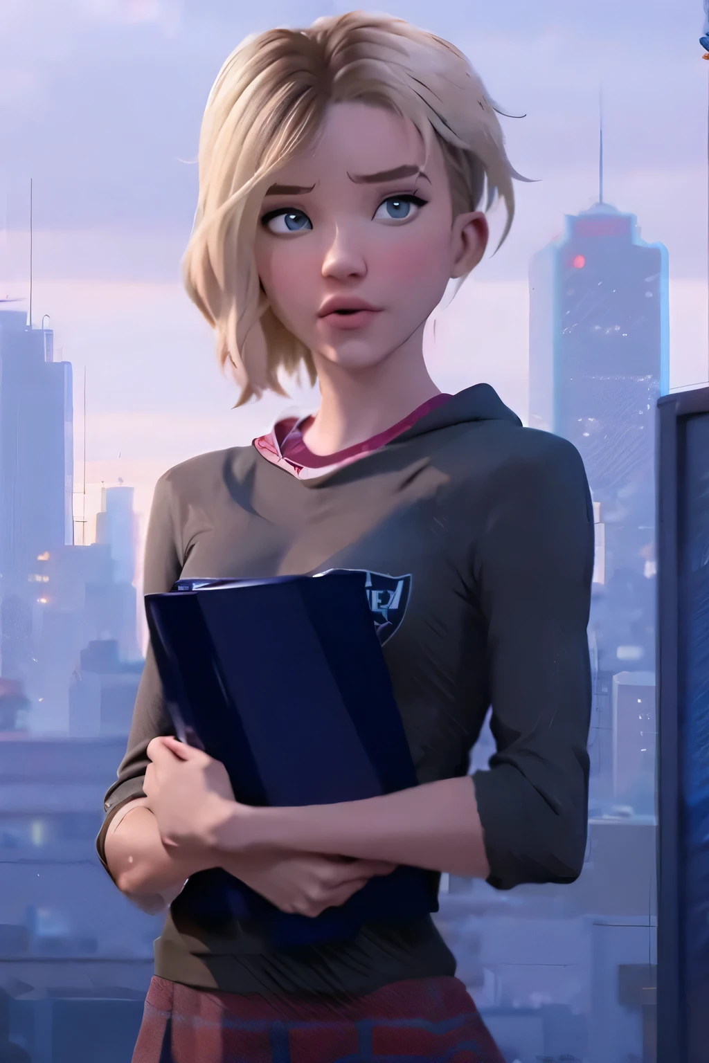 realistic, realism, gwen stacy, Small , , , photorealistic, high contrast, (фотоrealistic:1.4), (Ideal female figure), 8K High Definition, DETAILED, realistic, (The best quality, Main part:1.2),  mapeo de fotones, radio side, Physically based rendering, The best quality, very DETAILED, 1 girl, Outdoors, hood, bathroom, upper body, couple