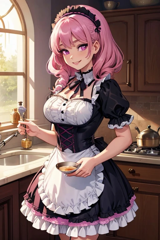 Realistic and detailed image of a half-naked elf dressed in an apron. She has long wavy pinkish red hair combed in a ponytail. Light blue eyes. She has earrings, long eyelashes. She has full lips, smiling. Medium breasts, slim waist, very wide hips and thick thighs. breast view. Arched back. She is in a kitchen surrounded by little fairies.