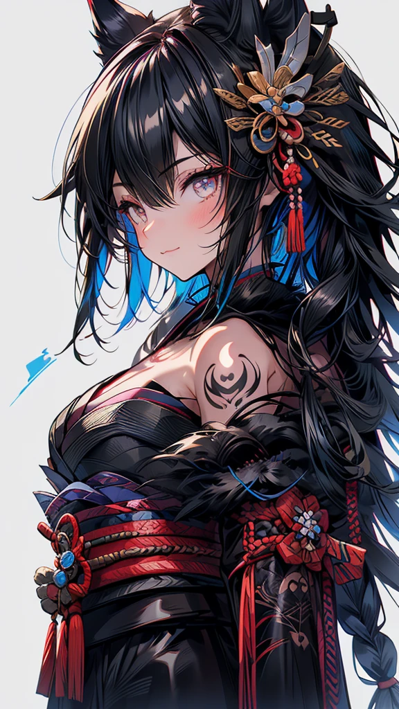 ((Shaman、nationality、:1.2)) ,Create dystopian masterpiece, There is a sense of expectation, Beautiful woman, skinny, Long black hair, Detailed face, smile, To the camera, Age 25、anime、Fantasy,Wooden chest pad、Emphasize the chest