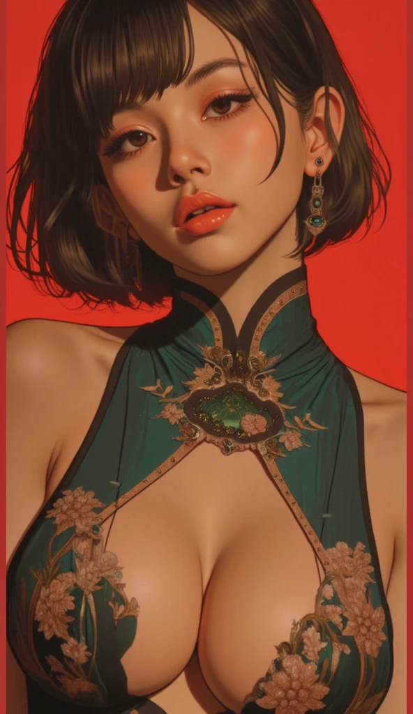 beautiful busty woman of oriental descent in a beautiful designer iridescent dress, luxury mansion interior, elaborate details