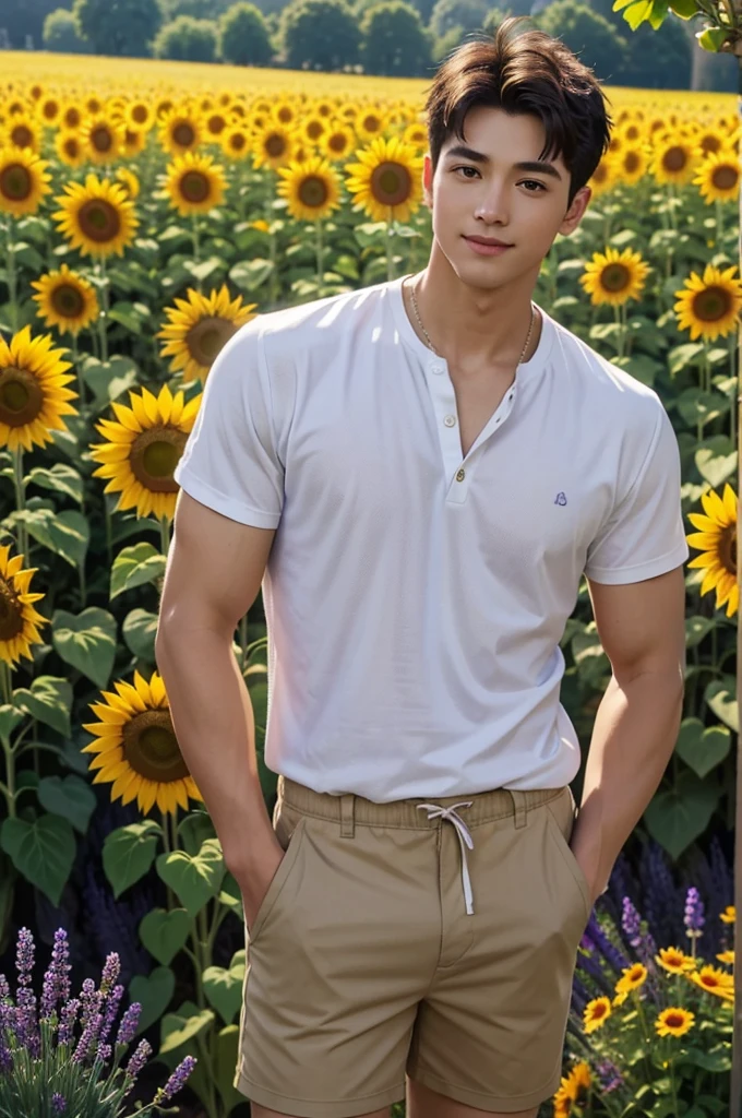 Asian muscular boy sitting on sunflower field , wearing only white shirt, black micro thong, showing his naked thighs, muscular young male,, mid shot portrait, high quality portrait, Attractive pose, yanjun cheng, Inspired by Bian Shoumin, gorgeous young model, Casual pose, portrait a 25 - year - old boy, casual photography, Realistic. Cheng Yi, cute young man