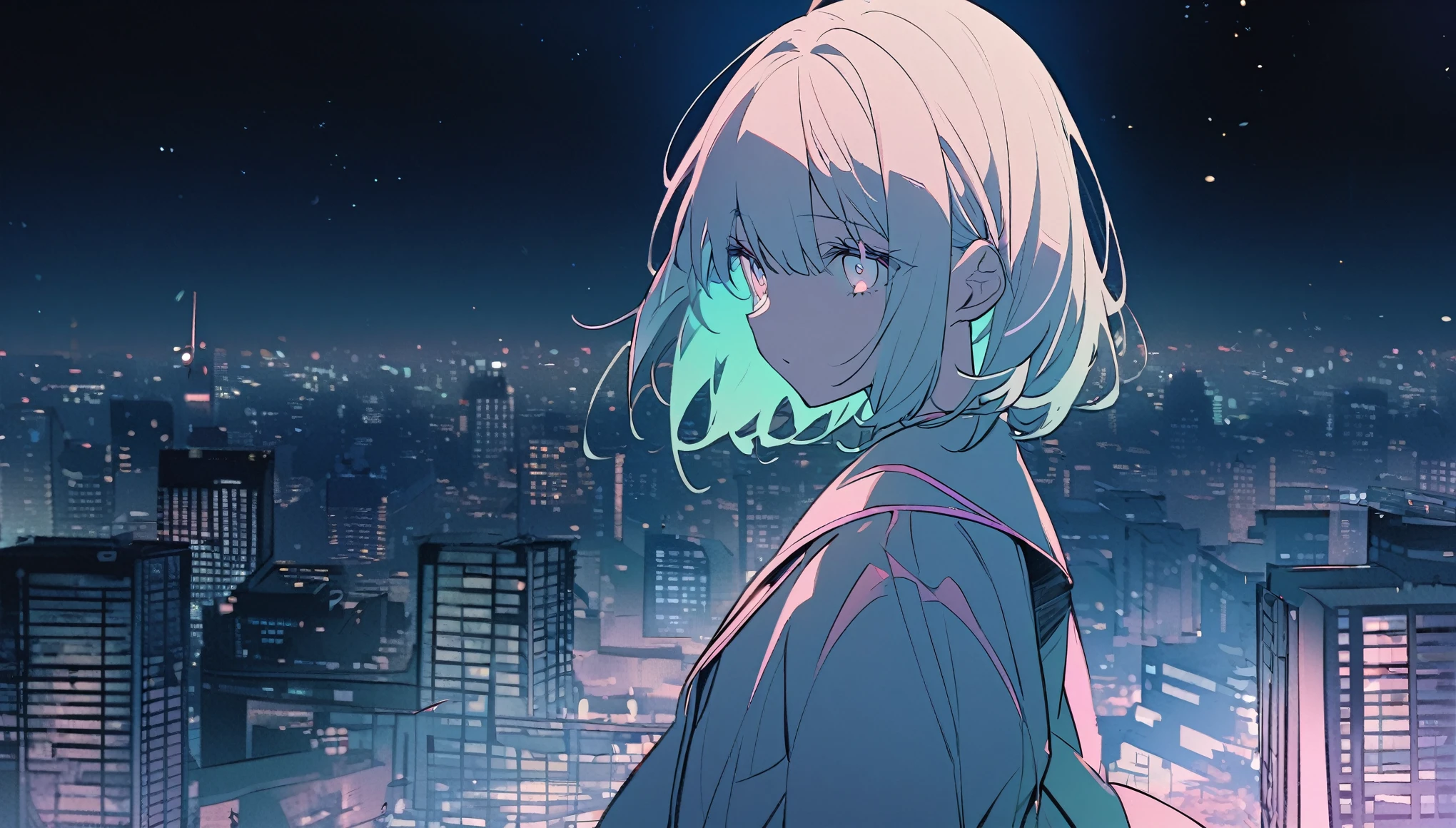 masterpiece, best quality, nsfw, 1girl, platinum blonde hair, short hair, green eyes, braids, small perky breasts, on the street, night, neon light, white t-shirt, braless, black pants, poker face, front view, standing, in crowd,