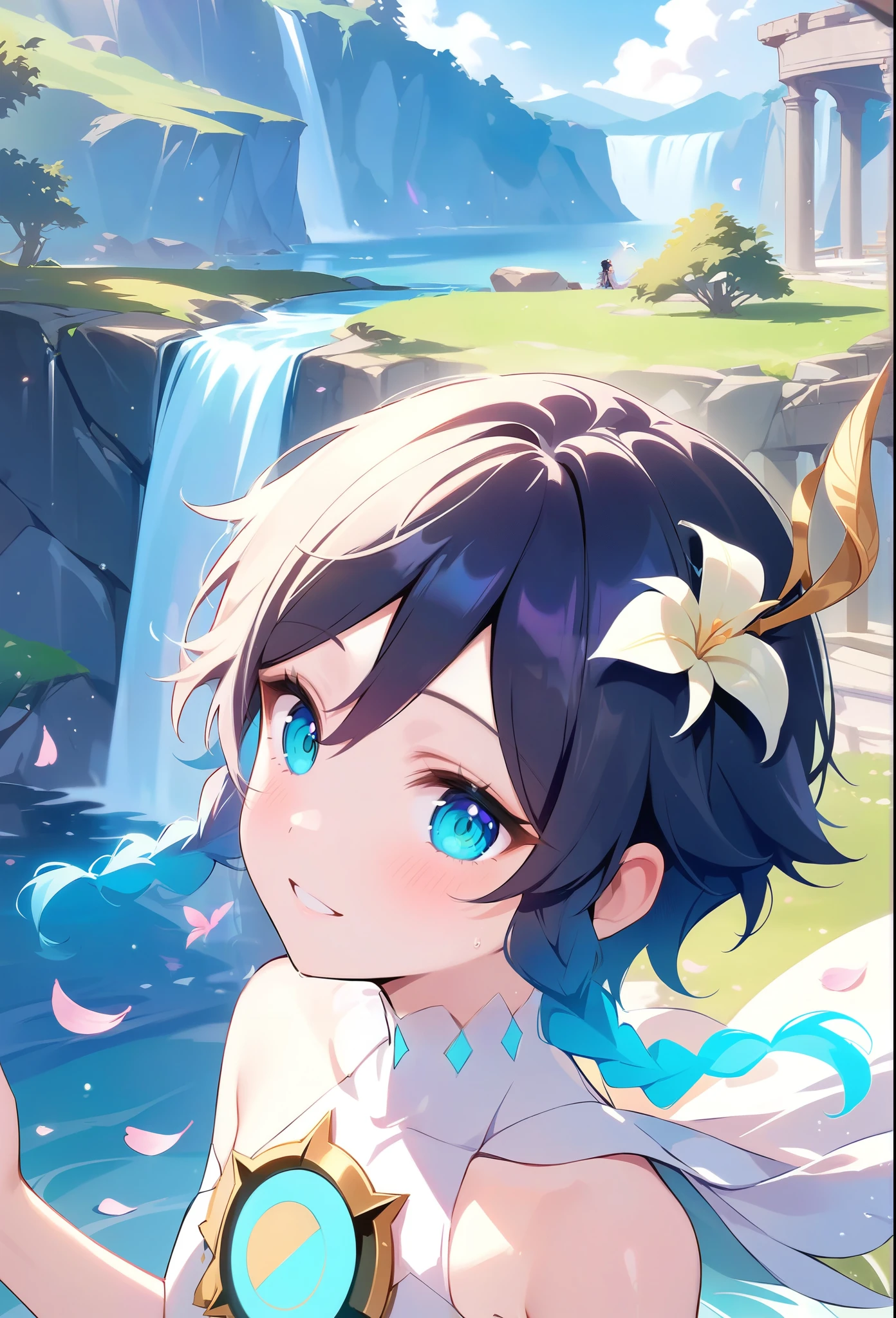 (masterpiece,best quality,4k,8k,absurdres:1.2),1boy,flat chest,venti_(archon)_(genshin_impact),bare stomach,graceful,black hair,ancient ruins,manga,natural lighting,full background,beautiful,perfect,building,scenery,garden,surreal,isolated,water,ocean,floating particles,vivid,fantasy:1.1,shimmer,shallow depth of field,perfect lighting,bloom,day,atmospheric,blue sky,above the clouds,windy,flying petals,tree,waterfall,water,stream,dappled sunlight,halation:0.8,paradise,highres,dsmile,an extremely delicate and beautiful, extremely detailed ,CG ,unity ,8k wallpaper, Amazing, finely detail,carnelian,realistic:.25,colored pencil,teenager