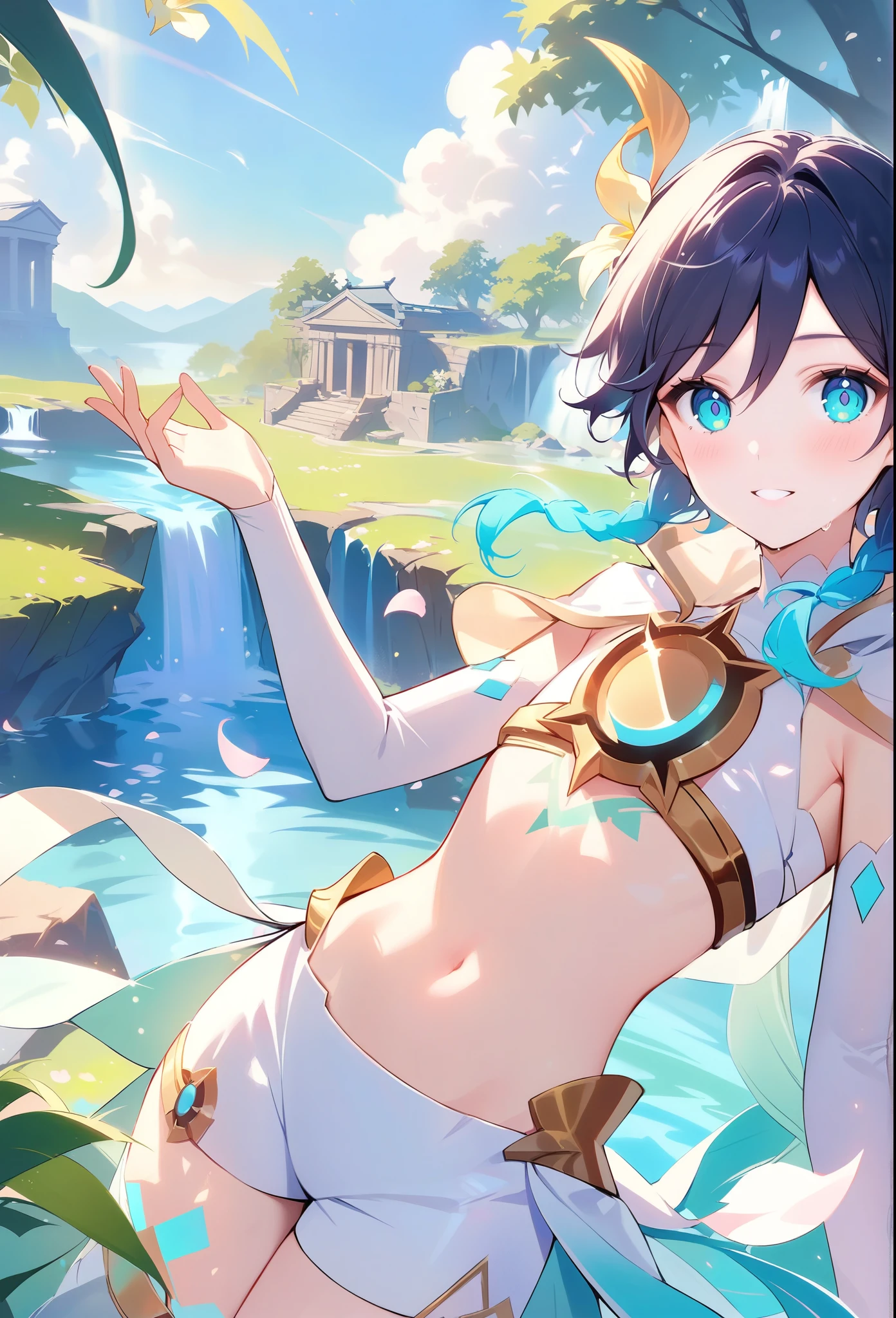 (masterpiece,best quality,4k,8k,absurdres:1.2),1boy,flat chest,venti_(archon)_(genshin_impact),bare stomach,graceful,black hair,ancient ruins,manga,natural lighting,full background,beautiful,perfect,building,scenery,garden,surreal,isolated,water,ocean,floating particles,vivid,fantasy:1.1,shimmer,shallow depth of field,perfect lighting,bloom,day,atmospheric,blue sky,above the clouds,windy,flying petals,tree,waterfall,water,stream,dappled sunlight,halation:0.8,paradise,highres,dsmile,an extremely delicate and beautiful, extremely detailed ,CG ,unity ,8k wallpaper, Amazing, finely detail,carnelian,realistic:.25,colored pencil,teenager