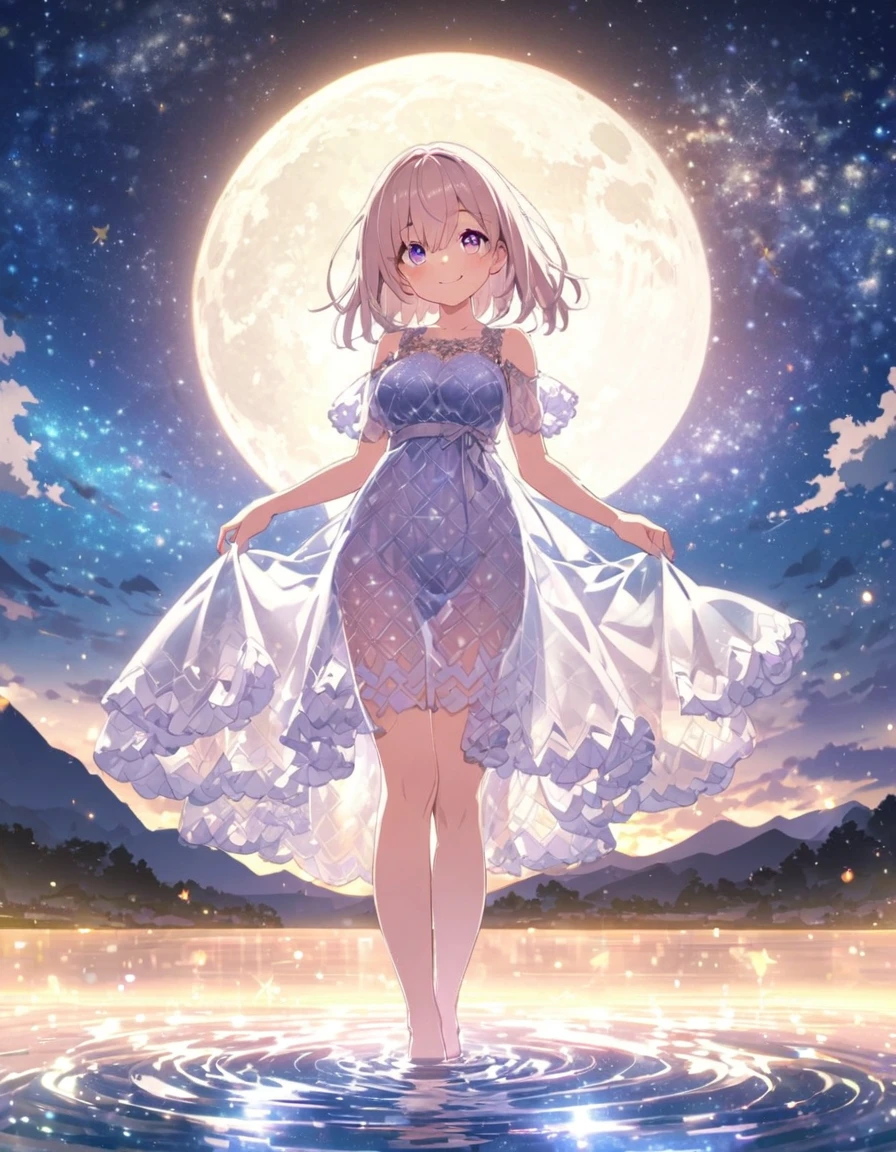 Detailed written anime expression、Girl、whole body、Standing on the water、ripple、A see-through dress with a sparkling starry sky pattern、Moonlit Night、Star in the eye、smile、Fantastic landscape、Attractive angles、