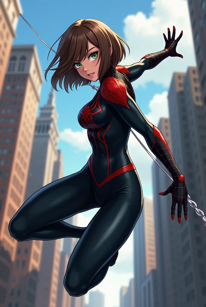 show entire body, spider woman, seamless pantyhose, short tight skirt, sitting on floor, legs open, facing audience, 8k, photorealistic, green and black spiderman, tech, techno lines
