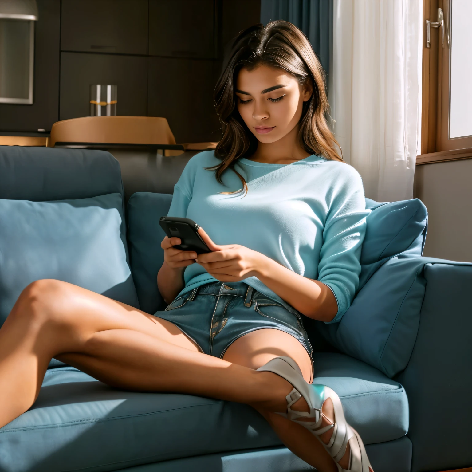 A woman is sitting comfortably on a beige couch, hunched over her tablet, wearing a blue tank top (((blue tank top))) and black shorts (((black shorts))), with glasses resting on her nose.. She is wearing a iPad with legs crossed, holding tablet on lap. The tablet she is holding has a keyboard attached, suggesting she may be working or studying. A dog rests peacefully at her feet, adding a cozy domestic touch to the scene. The living room has a cozy atmosphere with natural light coming from a window with white curtains. She is, looking partially to the left, lewd pose, checking her cell phone, profile photo, checking her phone, side photo, leaked photo, candid photo. She is about 36 years old, 1.62 tall, 60 kg, best quality, perfect face, perfect mouth, perfect hands, well defined, her slightly plump and red lips look like a delicate flower. Slim body, slim waist. Her body exudes glamor and her face is the definition of beauty. Highly realistic, reddish skin, feeling of lightness and joy, hyper-realism, very elaborate skin. Sharp photo, high quality, high resolution (ultra quality masterpiece), Ultra HD, high contrast, 36K. Masterpiece: 1.3, high resolution, (photographically realistic), 8k, NUDE, NUDITY, NFSW.