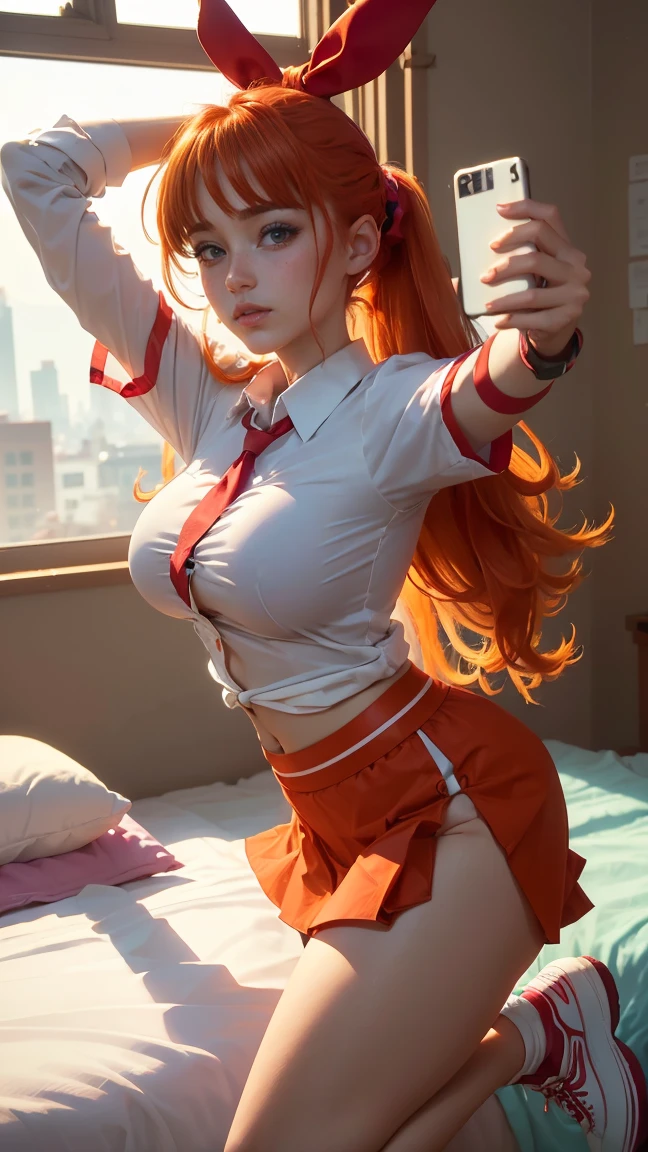 blossom, very beautiful, blue eyes, very giant breasts , shaped legs, very large buttocks, Long wavy carrot-colored hair tied up and forming a ponytail on top with a red ribbon tied to her head ((He is in his room taking a selfie)) ((dressed in a school uniform, white button-down shirt, short tie, wide, short, very tiny, wide, colorful, very sexy and sensual microskirt and white sneakers with very long stockings up to the thighs)), posing very sexy and sensual, Very nice room with a large window, good lighting, 4k resolution (( Extremely very giant breasts and extremely very giant legs))