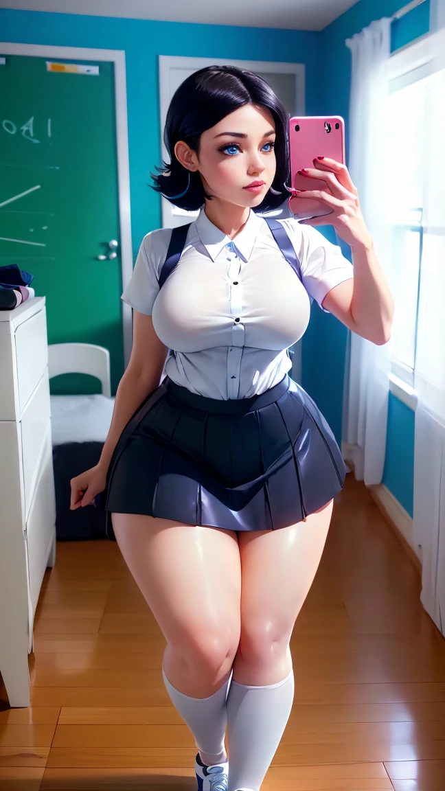 Ms. Keane, very beautiful, blue eyes, very giant breasts , shaped legs, very large buttocks, short black straight hair ((He is in his room taking a selfie)) ((dressed in a school uniform, white button-down shirt, short tie, wide, short, very tiny, wide, colorful, very sexy and sensual microskirt and white sneakers with very long stockings up to the thighs)), posing very sexy and sensual, Very nice room with a large window, good lighting, 4k resolution (( Extremely very giant breasts and extremely very giant legs))