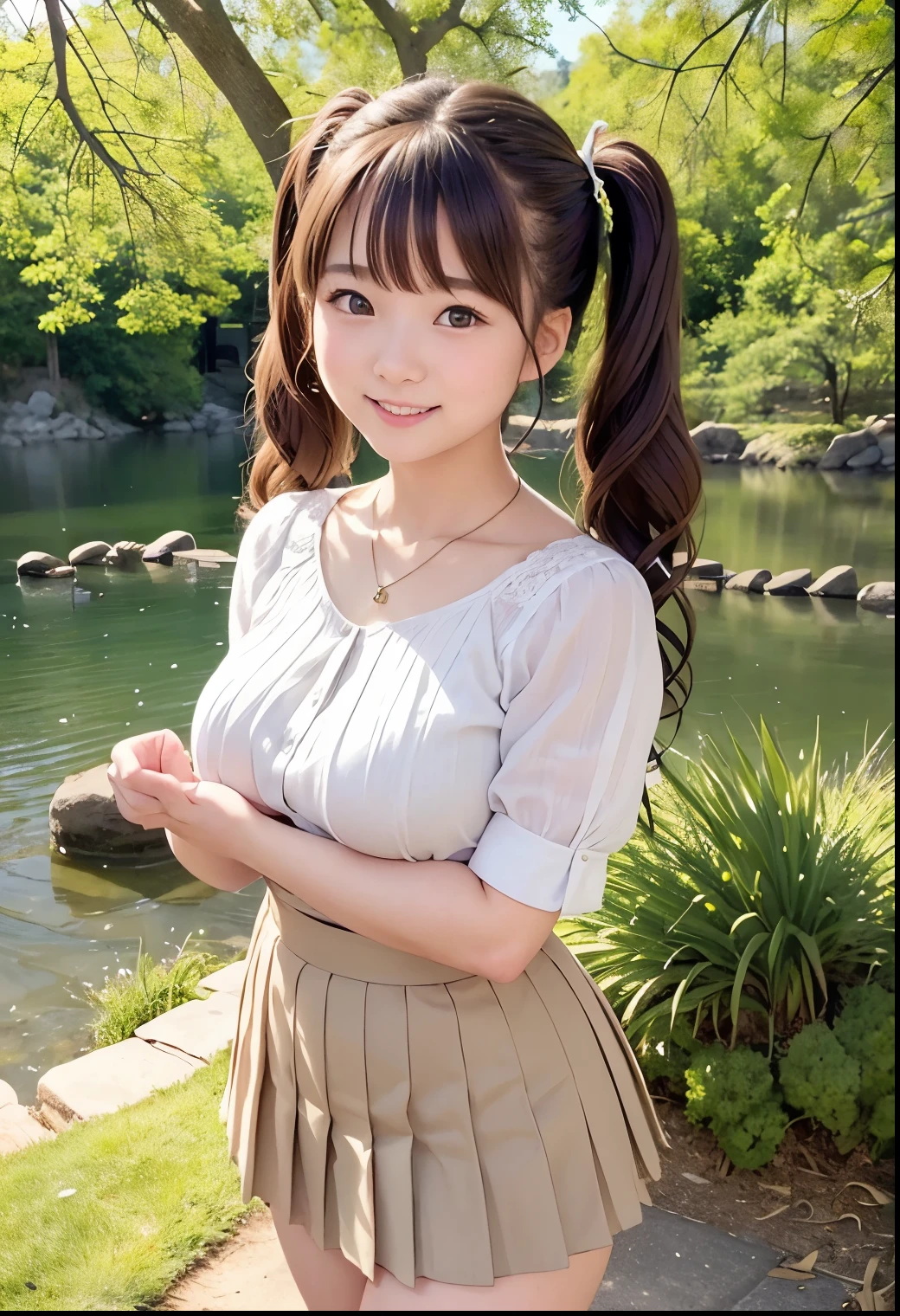 (Highest quality,masterpiece:1.3,Ultra-high resolution),(Very detailed、Caustics) (Realistic:1.4, RAW shooting、)Ultra-Realistic Capture、Very detailed、Natural skin texture、masterpiece、(A Japanese elementary school girl wearing a blouse and pleated skirt:1.3)、Adorable expression、Expressions of happiness、、height: 140cm、Baby Face、Pure girl、Amazingly cute、Twin tail hairstyle、Curly Hair、ribbon、Black Hair、Large Breasts、Shining thighs、Shining ass、necklace、Shade by the lake、Background details、smile、An inviting gaze、(Anatomically correct)、Cowboy Shot、Attention to detail、Lift the breast from below with both hands、