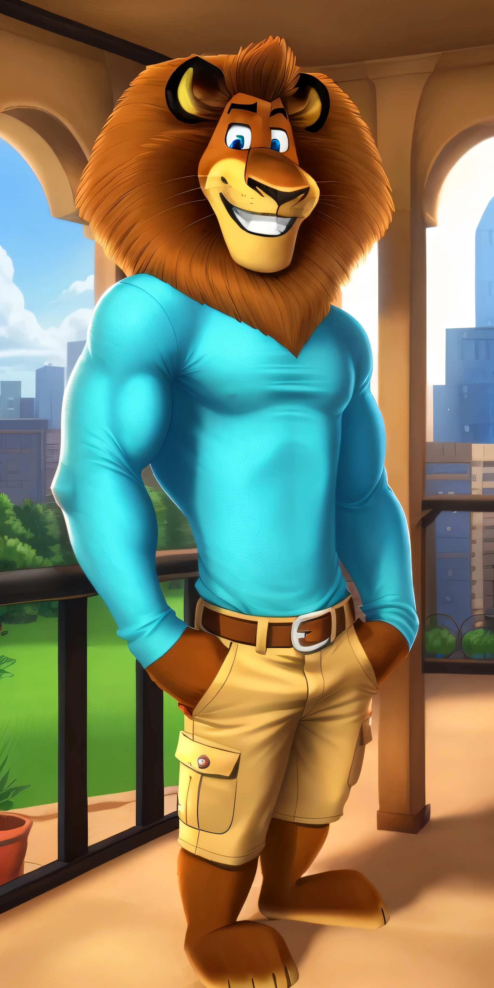 AlexLion, solo, cartoony proportions, correct anatomy, muscular body, biceps anatomy correct, big biceps, extremely beautiful and cute face, perfect face, ultra quality face, perfect eyes, ultra quality eyes, perfectly detailed blue eyes, white iris with perfectly detailed pupils, ultra quality fur, soft and delicate fur, wears cyan shirt with long sleeves, denim cargo shorts with brown belt, barefoot, balcony background, leaned his back on the balustrade, hands in pockets, gently looking at viewer, cute smiling, radiant, cute, handsome, beautiful, kind, sweety, extremely charismatic, majestic, friendly, simply irresistible, well-mannered, polite, cultural, grin, attractive, charming, super good looking, hot, sexy, mature, adult, pacifist, calm, face focus, ultra detalization, perfect detalization, perfectly detailed, ultra HD quality, highest resolution, 4k, 8k