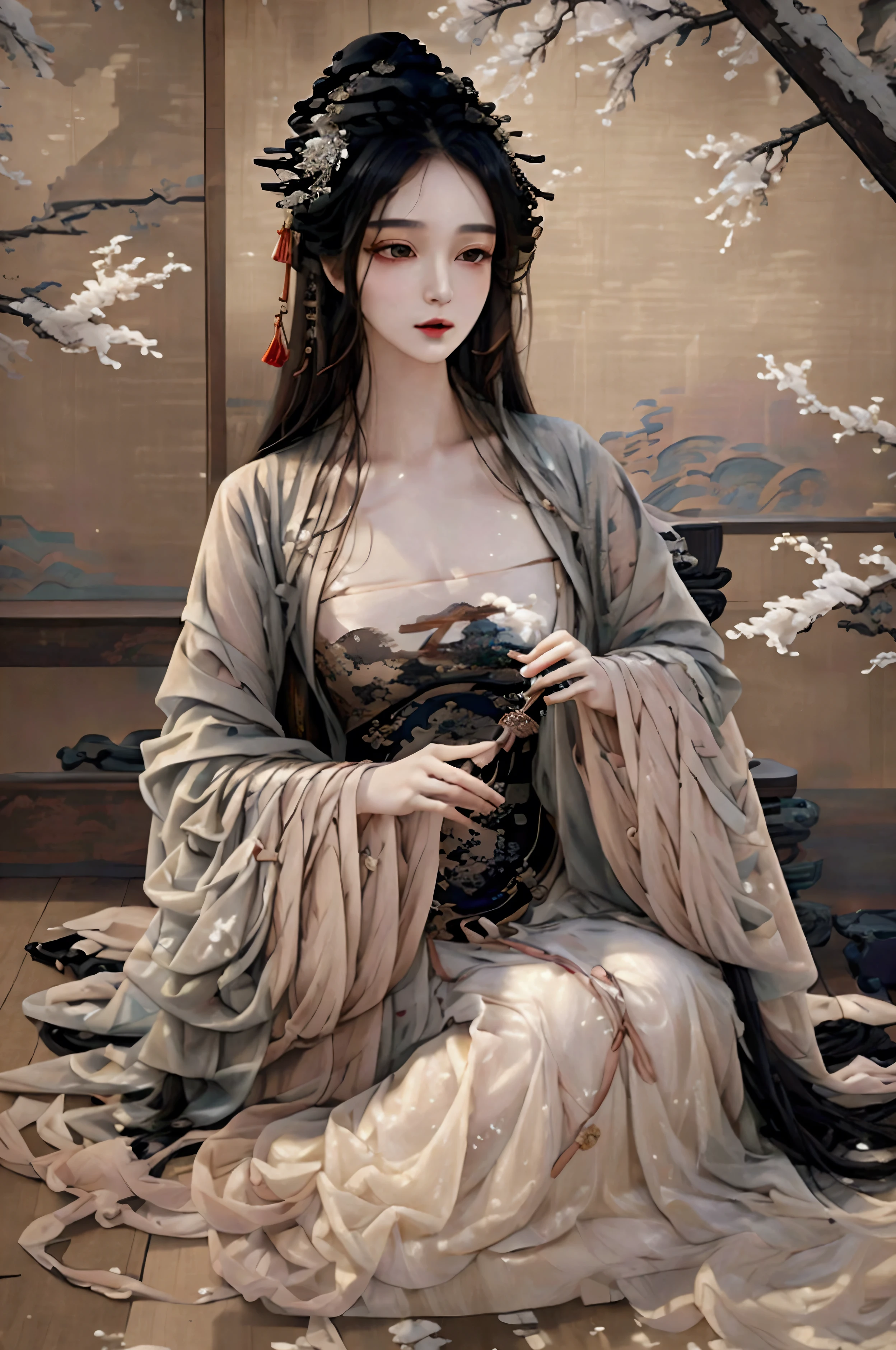 ((Masterpiece up to 16K resolution:1.6)),beautiful,Highest quality,Absolutely wonderful,Very detailed,Ultra-high resolution,masterpiece,Realistic,Realistic,Increased depth of field,Cinematic Light,
One elegant young girl woman, Long black hair,Beautiful face,Very detailed facial expression,Face with a gentle expression,Transparent white skin,Very delicate skin texture,Great proportions,Anatomically correct body,
Elegant high slit dress,elegant colors,Gorgeous and detailed pattern,Beautifully detailed pattern,Detailed cloth texture, super slim , very slim , very fragile image 。Lin Daiyu stands alone in a courtyard covered with freshly fallen snow, her thin frame wrapped in a soft white cloak, the fur trim gently brushing her face. Her dark hair contrasts against the pale snow, and her eyes, deep with emotion, gaze into the distance. The delicate snowflakes fall softly around her, adding to her fragile and graceful appearance. The courtyard is quiet, the snow muffling all sound, and the bare branches of the trees create intricate patterns against the white landscape, enhancing the scene's sense of solitude and quiet beauty.