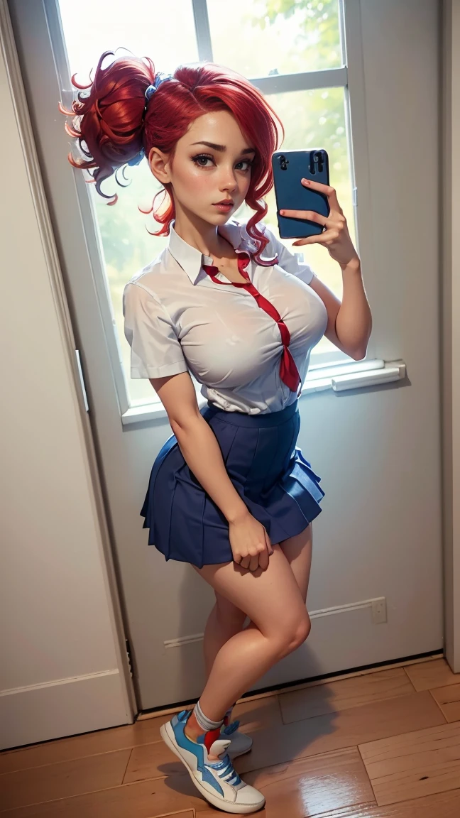 Frankie Foster, very beautiful, blue eyes, very giant breasts , shaped legs, very large buttocks, short red wavy hair tied up and forming a ponytail ((He is in his room taking a selfie)) ((dressed in a school uniform, white button-down shirt, short tie, wide, short, very tiny, wide, colorful, very sexy and sensual microskirt and white sneakers with very long stockings up to the thighs)), posing very sexy and sensual, Very nice room with a large window, good lighting, 4k resolution (( Extremely very giant breasts and extremely very giant legs))