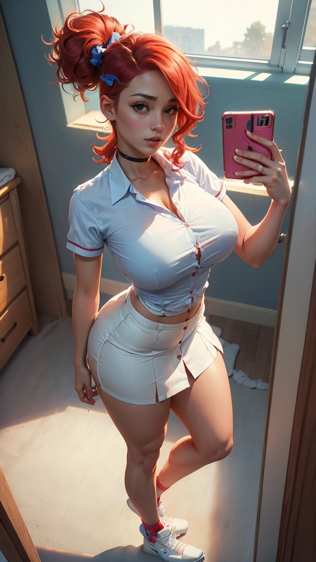 Frankie Foster, very beautiful, blue eyes, very giant breasts , shaped legs, very large buttocks, short red wavy hair tied up and forming a ponytail ((He is in his room taking a selfie)) ((dressed in a school uniform, white button-down shirt, short tie, wide, short, very tiny, wide, colorful, very sexy and sensual microskirt and white sneakers with very long stockings up to the thighs)), posing very sexy and sensual, Very nice room with a large window, good lighting, 4k resolution (( Extremely very giant breasts and extremely very giant legs))