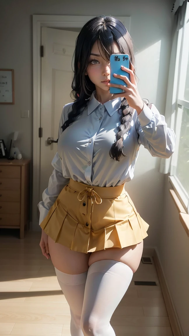 Nayuta, very beautiful, blue eyes, very giant breasts , shaped legs, very large buttocks, Long straight hair tied up and forming a black braid ((He is in his room taking a selfie)) ((dressed in a school uniform, white button-down shirt, short tie, wide, short, very tiny, wide, colorful, very sexy and sensual microskirt and white sneakers with very long stockings up to the thighs)), posing very sexy and sensual, Very nice room with a large window, good lighting, 4k resolution (( Extremely very giant breasts and extremely very giant legs))