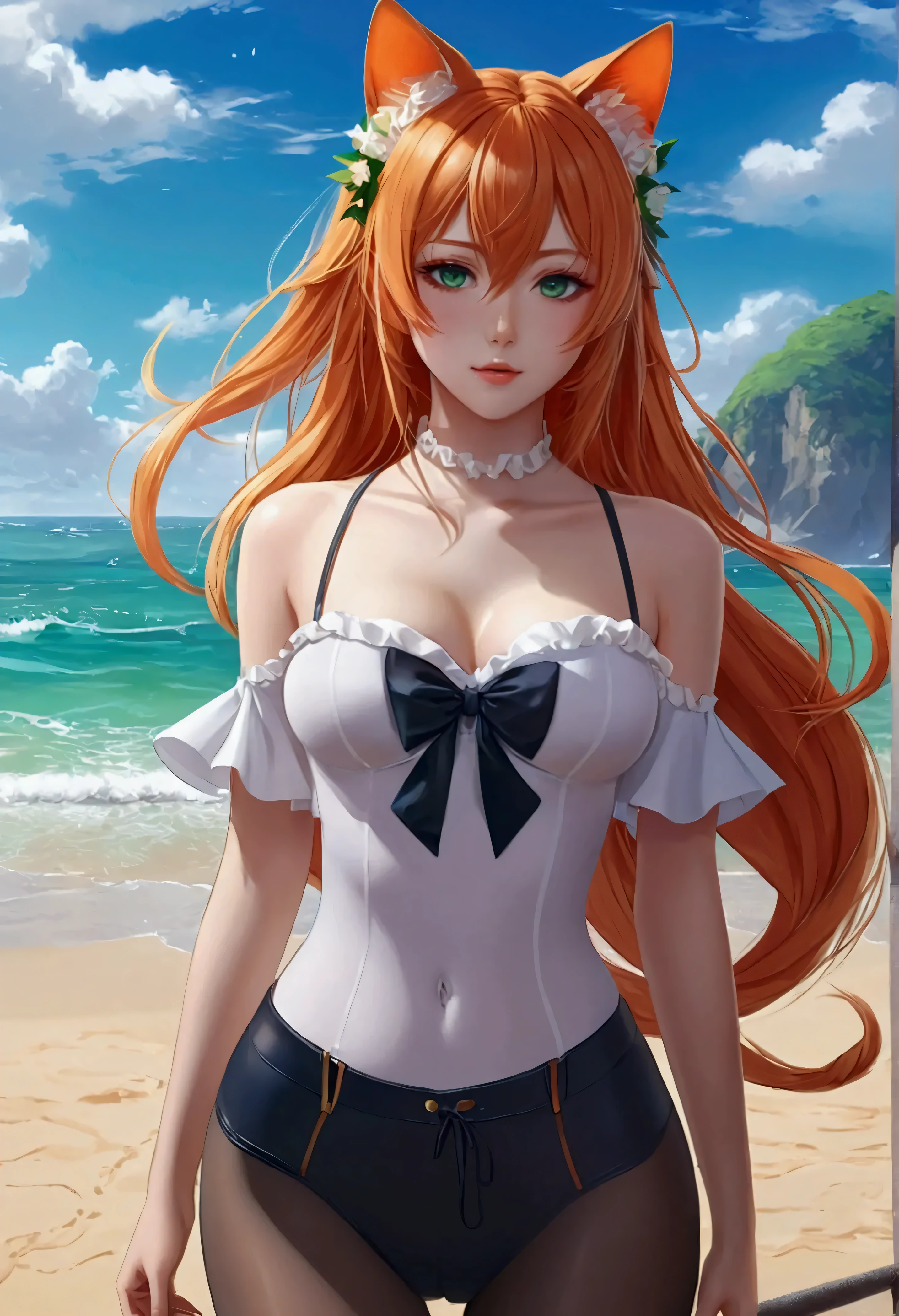 anime girl with long orange hair standing on beach near ocean, green eyes detailed digital anime art, cat ears, , anime girl with long hair, smooth anime cg art, anime girl with long hair, average breast size, digital anime art, artwork in the style of guweiz, beautiful anime portrait, photorealistic anime girl render, Shiny rubber pants, beautiful anime girl, advanced digital anime art, pantyhose, guweiz on artstation pixiv upscale HD UHD HQ
