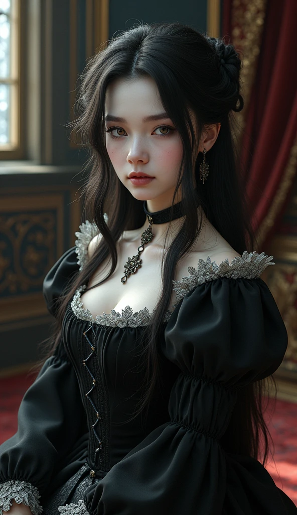 Dark and alluring oil painting of a young succubus., 12 years, standing in her charming bedroom. Her ((innocence)) contrasts with her seductive presence, when she looks in the mirror, decorated with intricate patterns. ((Gothic)) details. The room is filled with antique furniture, plush ((velvet)) curtains, and aura ((forbidden charm)).