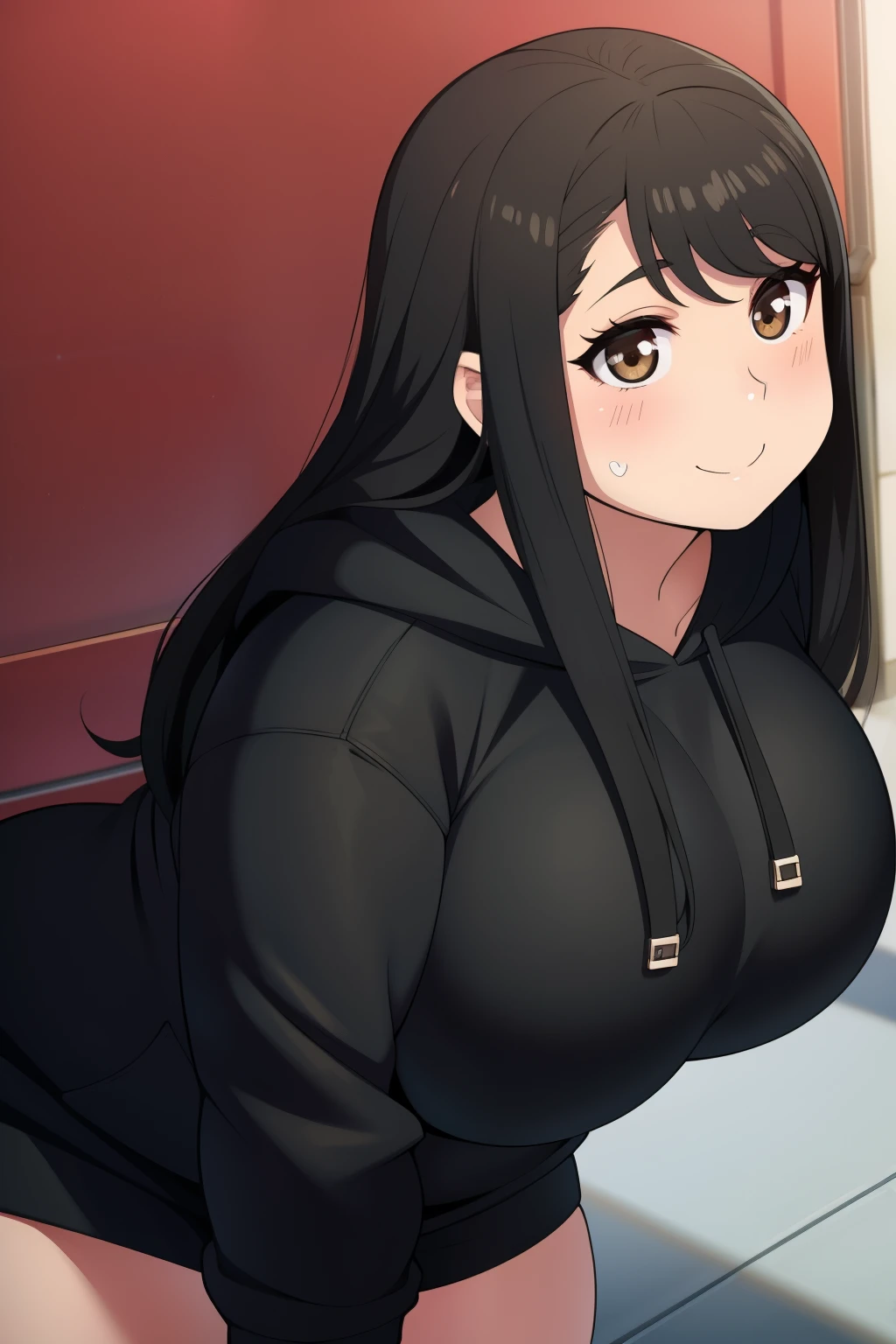 Chubby 2 big boobs black hair brown eyes happy long messy hair blushing smile deredere black hoodie 