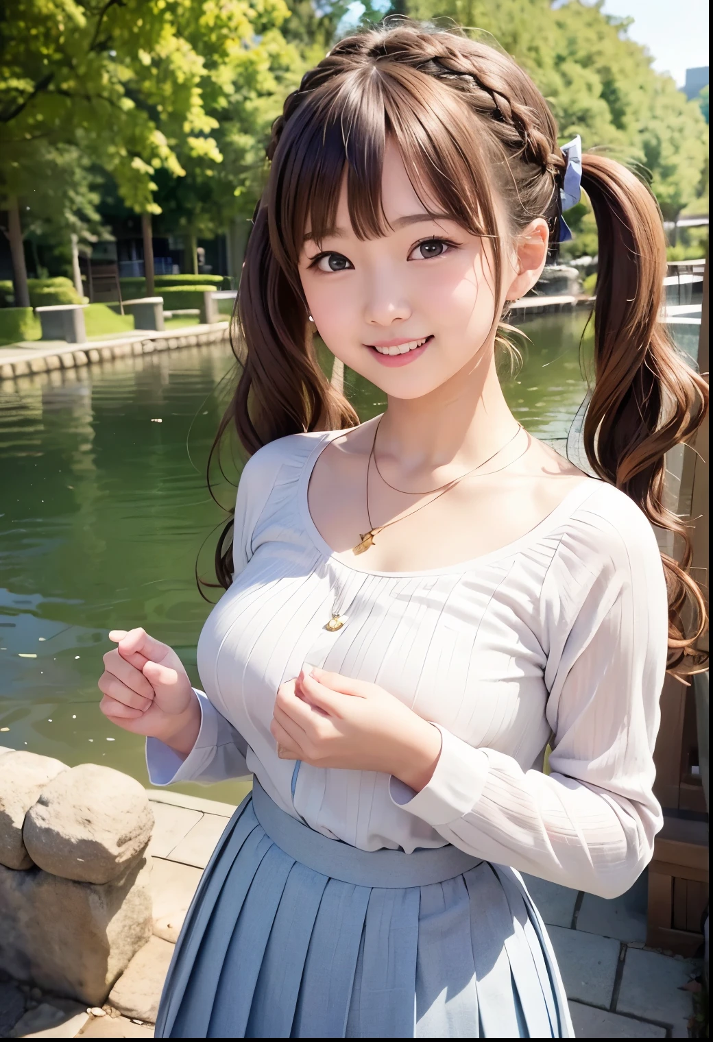 (Highest quality,masterpiece:1.3,Ultra-high resolution),(Very detailed、Caustics) (Realistic:1.4, RAW shooting、)Ultra-Realistic Capture、Very detailed、Natural skin texture、masterpiece、(A Japanese elementary school girl wearing a blouse and pleated skirt:1.3)、Adorable expression、Expressions of happiness、、height: 140cm、Baby Face、Pure girl、Amazingly cute、Twin tail hairstyle、Curly Hair、ribbon、Black Hair、Large Breasts、Shining thighs、Shining ass、necklace、Shade by the lake、Background details、smile、An inviting gaze、(Anatomically correct)、Cowboy Shot、Attention to detail、Lift the breast from below with both hands、