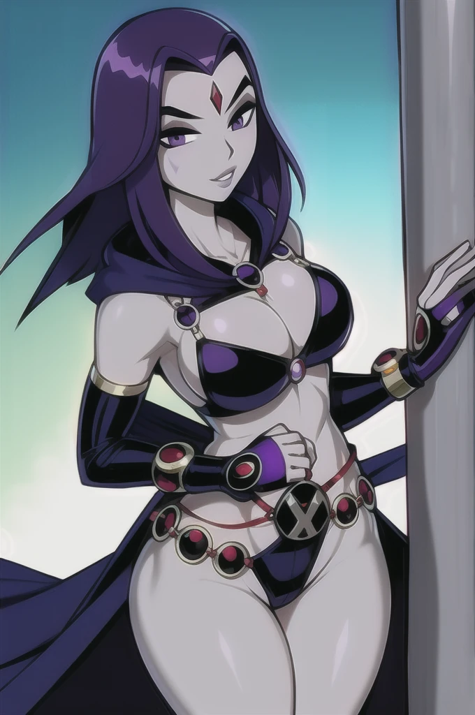 (holding pole:1.4),ShadRaven,lips,,purple hair,red forehead jewel,belt,raven \(dc\), bikini 