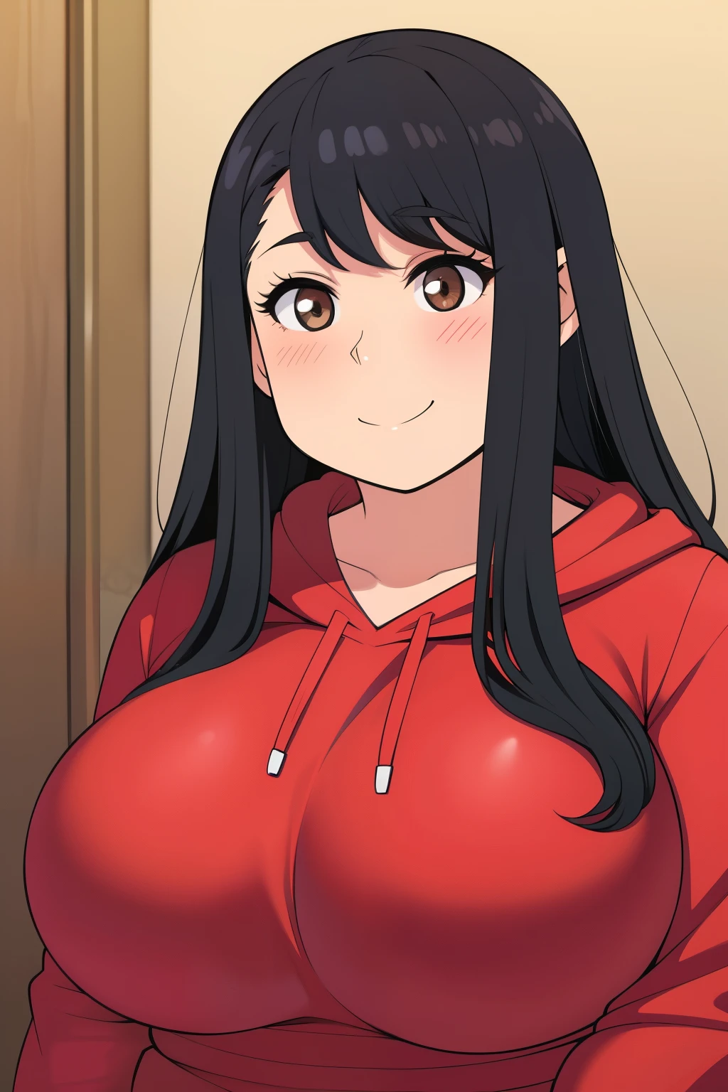 Chubby 2 big boobs black hair brown eyes happy long messy hair blushing smile deredere black hoodie 