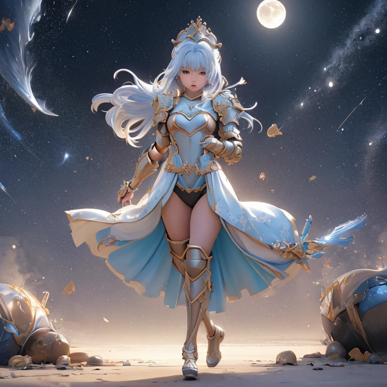 Please redeem, Great quality, 16k, Very absurd, Very detailed, 2.5D, Delicate and dynamic, Small faint lights and flying fireflies, night, Starry Sky, milky way, nebula, meteor, flower, bird, Wind and Moon,Erotic, Only sexy women, Healthy body shape, 2. Women, Asura, 170cm tall, Large, firm, swaying bust, Colorful Holy Sword, Complex Armor, Brightly colored armor,