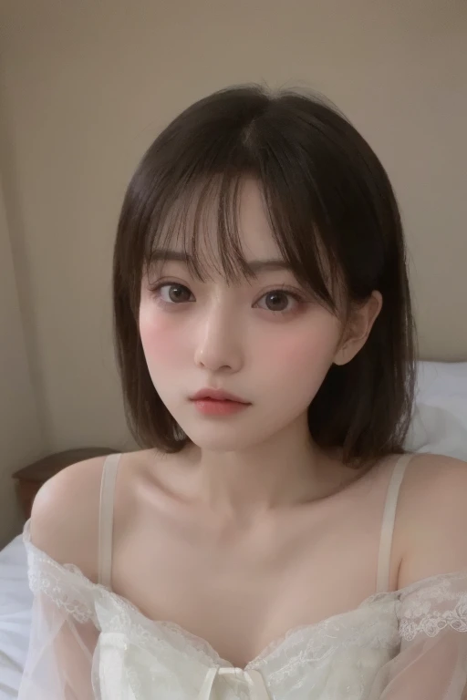 masterpiece、(sheer spring dress), (Light tulle), Center of chest, (Anatomically correct), bedroom、Small and cute face、Embarrassing、(Looking into the camera)、, Soft and delicate skin、Beauty、Please redeem、Very cute、Japanese women、Perfect body、thin、Natural Makeup、, (Embarrassing:1.3)、(), (High resolution、8k:1.1)、(Half up:1.1)、(Lying in bed:1.3), Wearing high heels、Nipples are visible, (Please bend your knees)