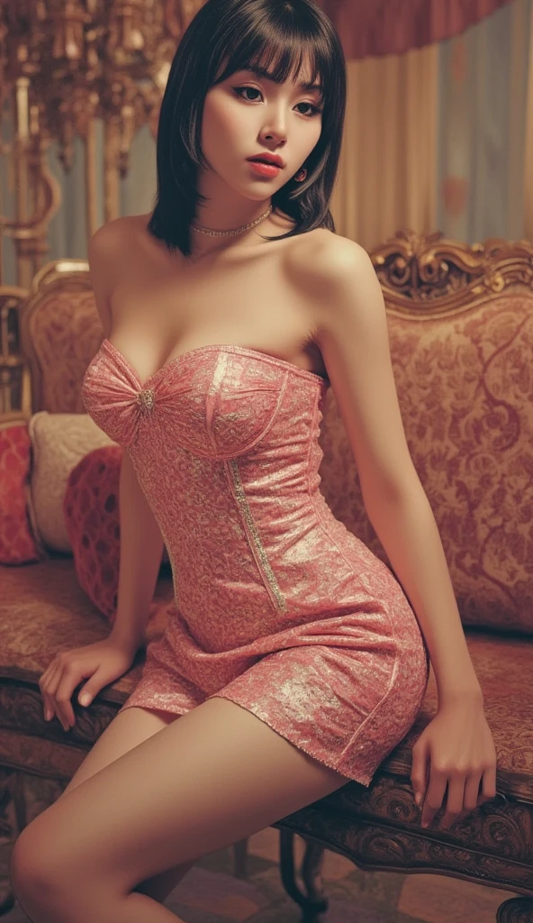 beautiful busty woman of oriental descent in a beautiful designer iridescent dress, perfect slim fit body proportions, gorgeous eyes, full lips, beauty mark, luxury mansion interior, elaborate details