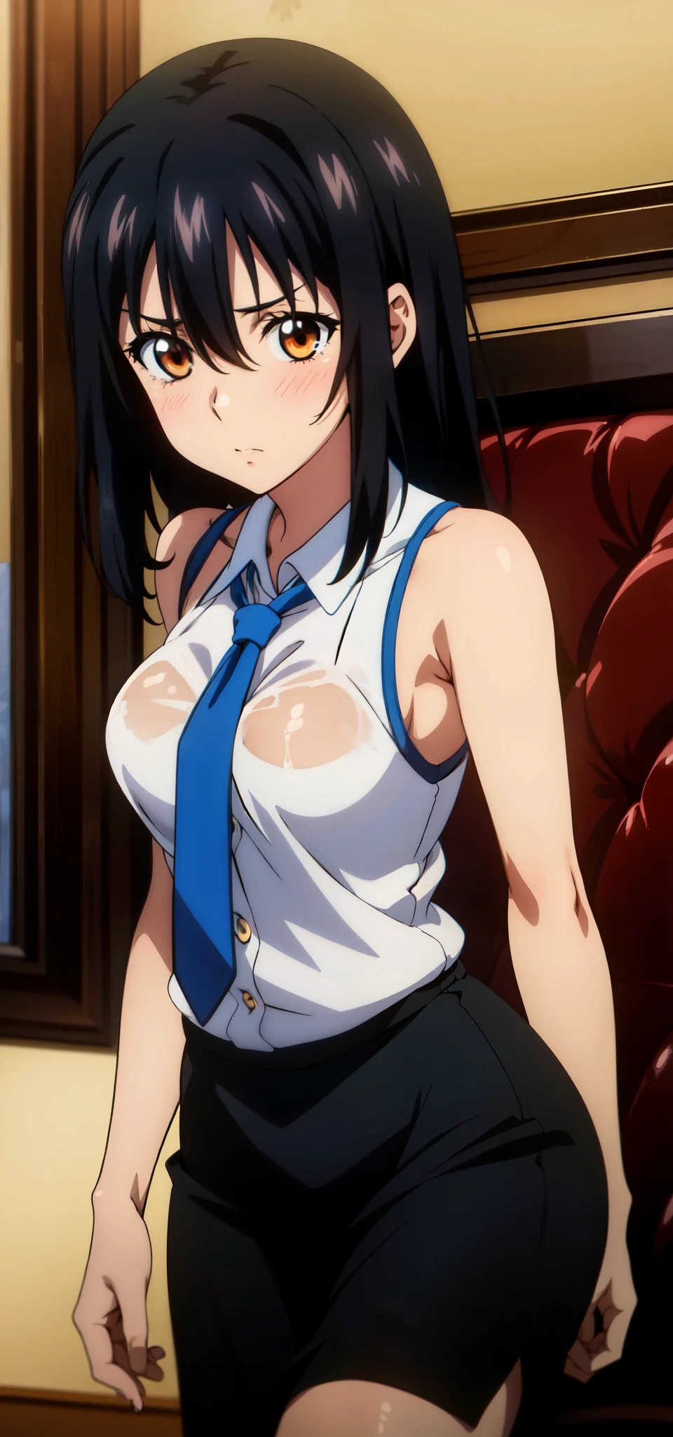 (Highest quality)　whole body　Nico Robin from One Piece, Long black hair, blue eyes, Dark, wide pupils, Blushing, Big Breasts,  Wearing a white shirt, Sit on the bed ,  Showing her nipples　Beautiful nipples　Beautiful breasts　Cleavage Emphasis　(grabbing own breasts) On all fours　Stick your butt out　