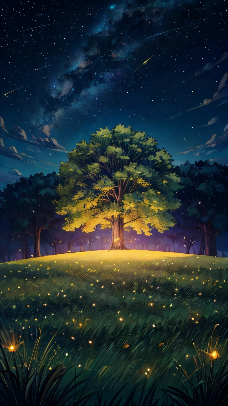 A grassy field lit by thousands of glowing fireflies under a clear, starry night sky.