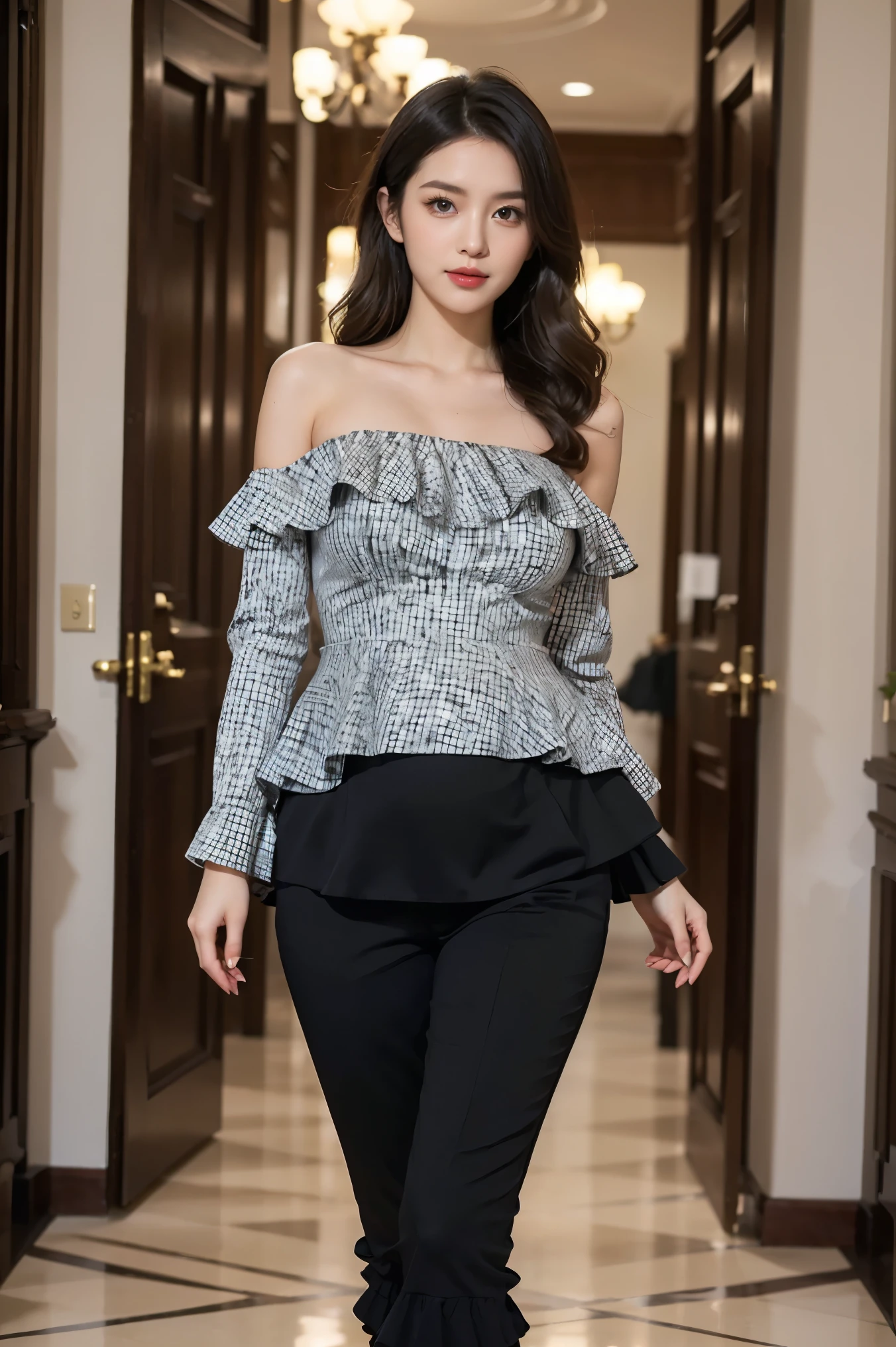 Woman in her 20s, beautiful, ((Fashion Show))、((Peplum top))((Wearing a long sleeved top with a frilly hem))((Long Skinny))((Black trousers))（Sandals）（Pregnant women）((Cute frills around the stomach))