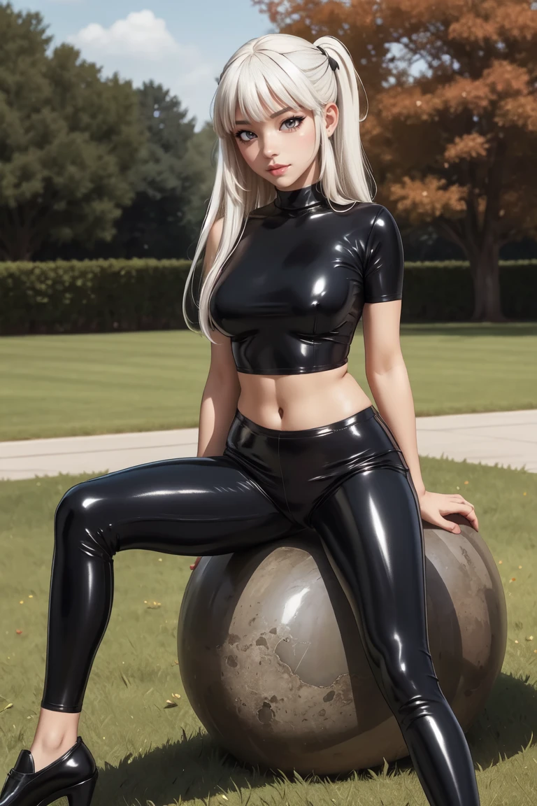 (artwork:1.0), (better_quality:1.0), Stand tall "Attention!", looking at the viewer, 8 k, 1 girl, , Anime character girl with long white hair in clothes (black latex shirt:1.2), (Latex pants), skin, , latex, bright, navel,(black latex shirt:1.2), (Latex pants), skin, , latex, bright, navel,, Beautiful , in the middle of the yard, sitting with legs spread, Open crotch