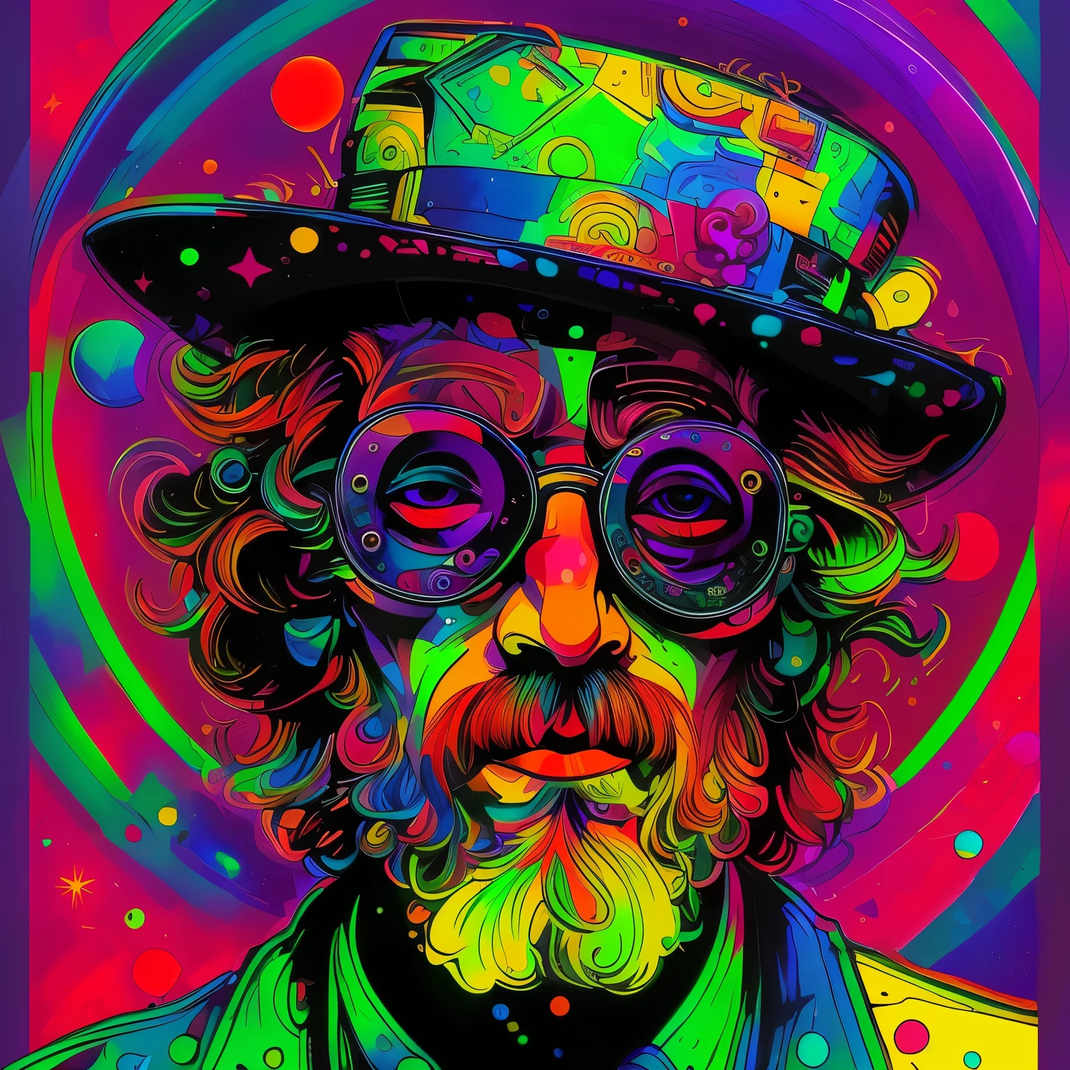 A closeup of a man with a hat and glasses, psychedelic illustration, psychedelic art style, psychedelic style, psychedelic artwork, retro psychedelic illustration, psychedelic hip-hop, psychedelic artwork, in illustration style digital, psychedelic hip hop, extremely high quality artwork, estilo de arte impressionante, arte do Adobe Illustrator, visionary art style, psychedelic acid trip, estilo de arte vetorial, Terence McKenna