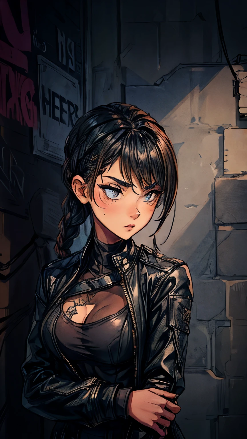 A stunning, rock model stands in front of a monochromatic, graffiti-covered wall, surrounded by the dark, gritty atmosphere of the city. She wears a stunning, leather-inspired jumpsuit with delicate, spiked accents and a fitted, cropped jacket that showcases her toned, athletic physique. Her hair is styled in a wild, braided look, with bold, bright makeup accentuating her features.