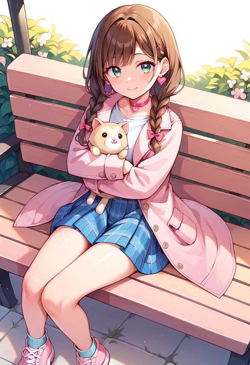 1girl, holding kitten in arms, emerald eyes, brown hair, twin braids, heart earrings, heart choker, smiling, sitting on bench, pink trench coat, blue plaid skirt, pink sneakers, masterpiece, high quality