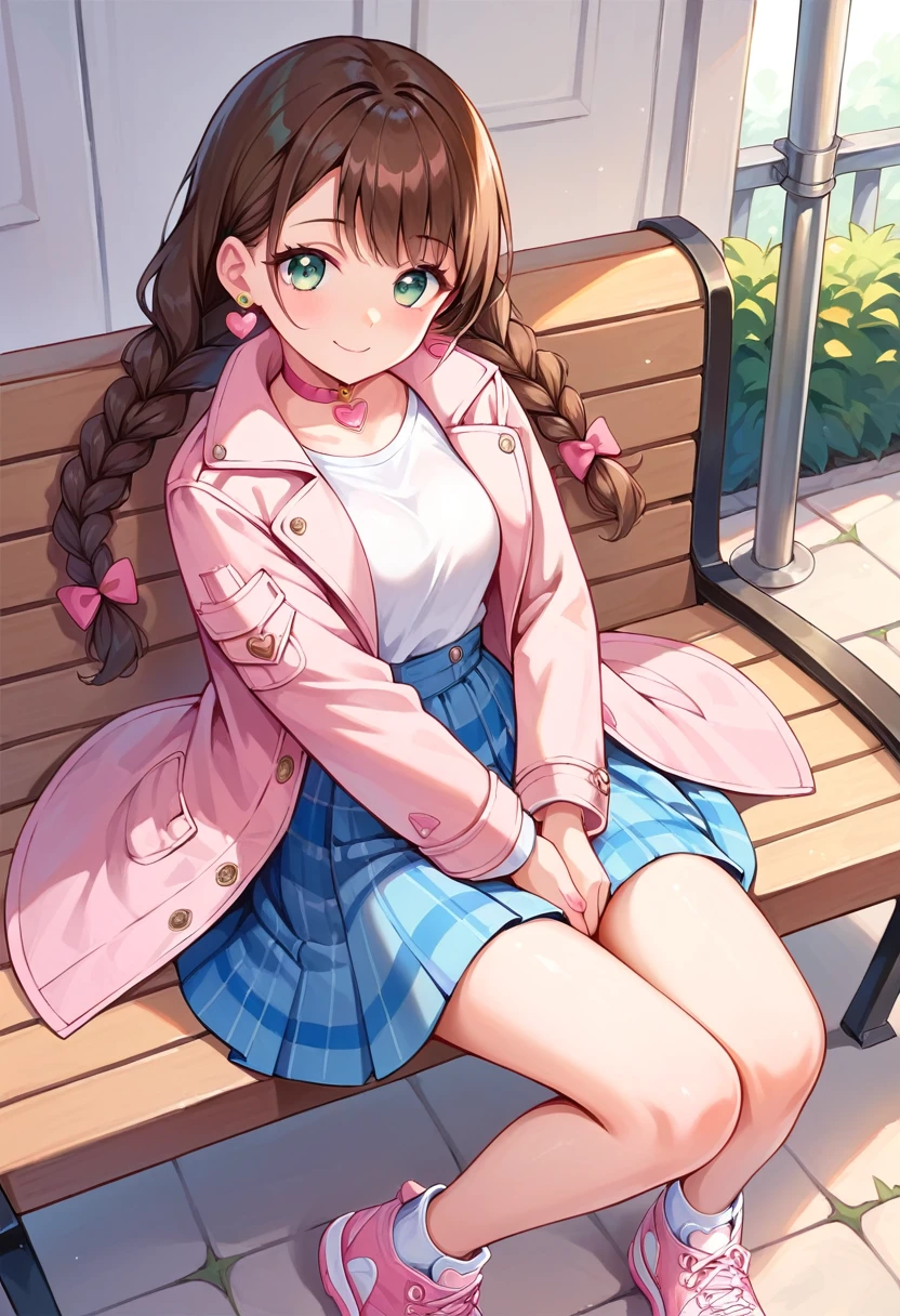 1girl, holding kitten in arms, emerald eyes, brown hair, twin braids, heart earrings, heart choker, smiling, sitting on bench, pink trench coat, blue plaid skirt, pink sneakers, masterpiece, high quality