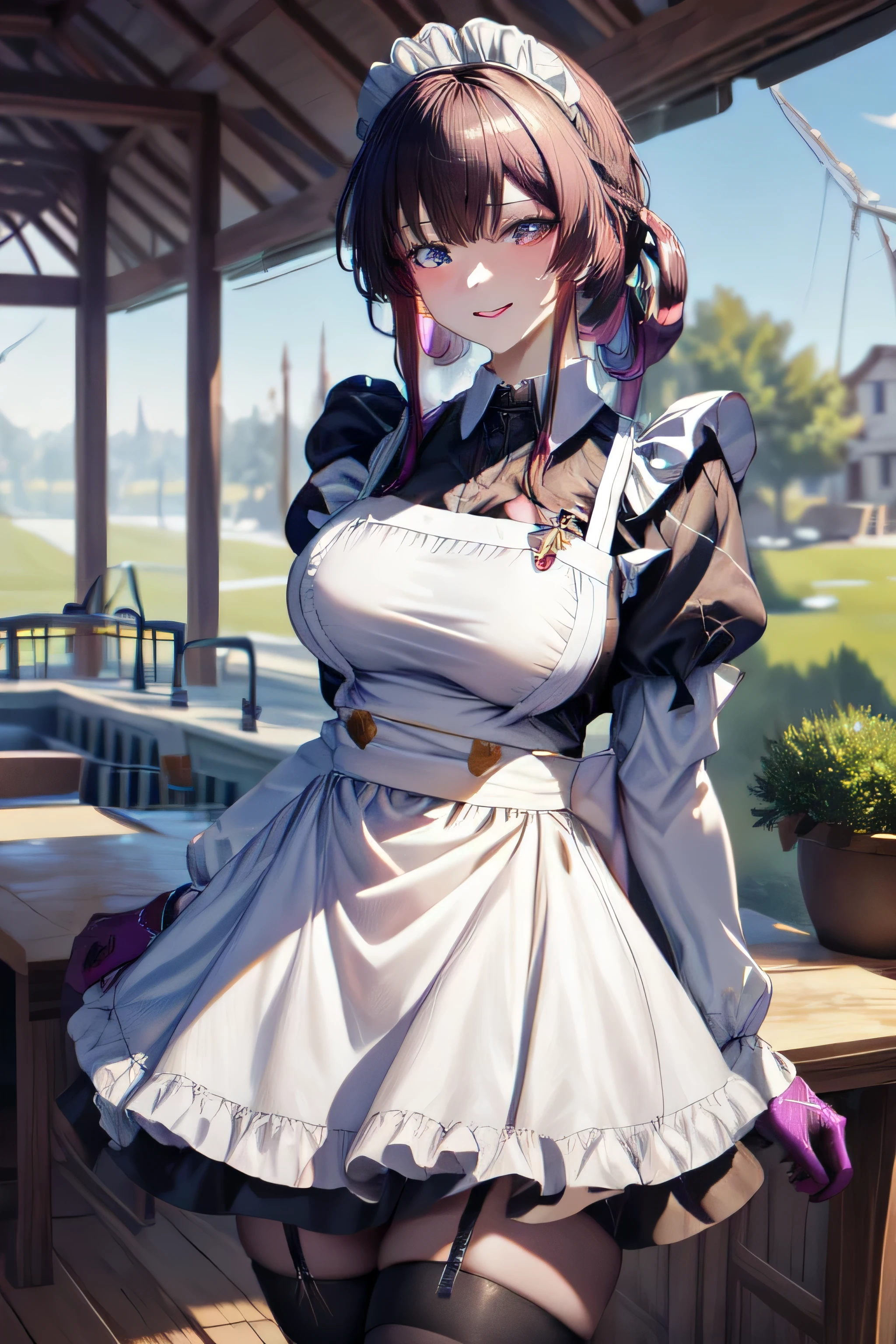 masterpiece, best quality, highres, aakafka, sunglasses, eyewear on head, collared shirt, long sleeves, maid sleeves, white gloves, black frock,maid costume,maid dress,, thigh strap, pantyhose, standing, cowboy shot, arms at sides, outdoors, indoor,maidHigh Resolution, Masterpiece, Accurate, Anatomically Correct, Award Winning, Best Quality, Damaged, Detail, HD, High Details, High Quality, Quality, Retina, Super Detailed, Textured Skin, UHD,