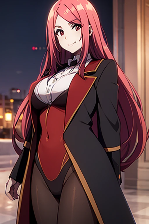 Mary in an elegant leotard, tailcoat, red eyes, red hair, long hair, calm smile