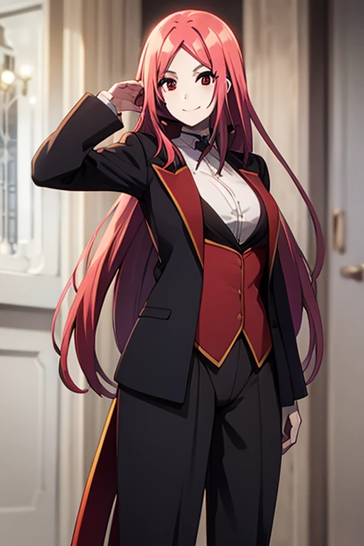 Mary in an elegant leotard, tailcoat, red eyes, red hair, long hair, calm smile