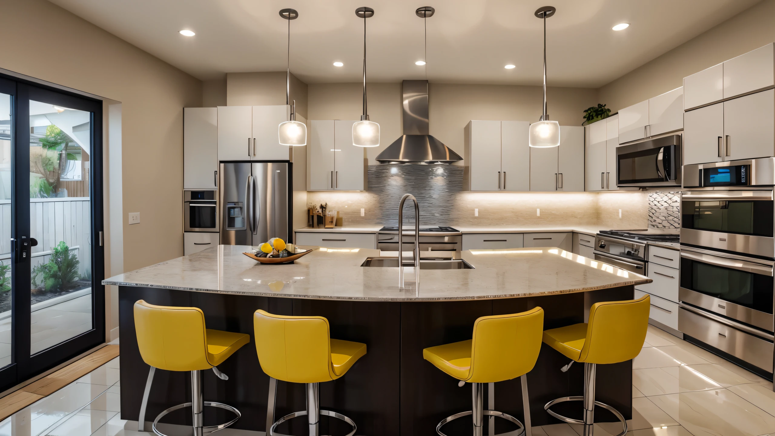 A contemporary kitchen design featuring sleek cabinetry, a spacious island with bar stools, and stainless steel appliances. The open layout is illuminated by pendant lights, with vibrant fruits and decorative plants adorning the countertops. The backsplash features intricate tile patterns that add a touch of artistry, creating a functional and stylish cooking space perfect for entertaining guests.